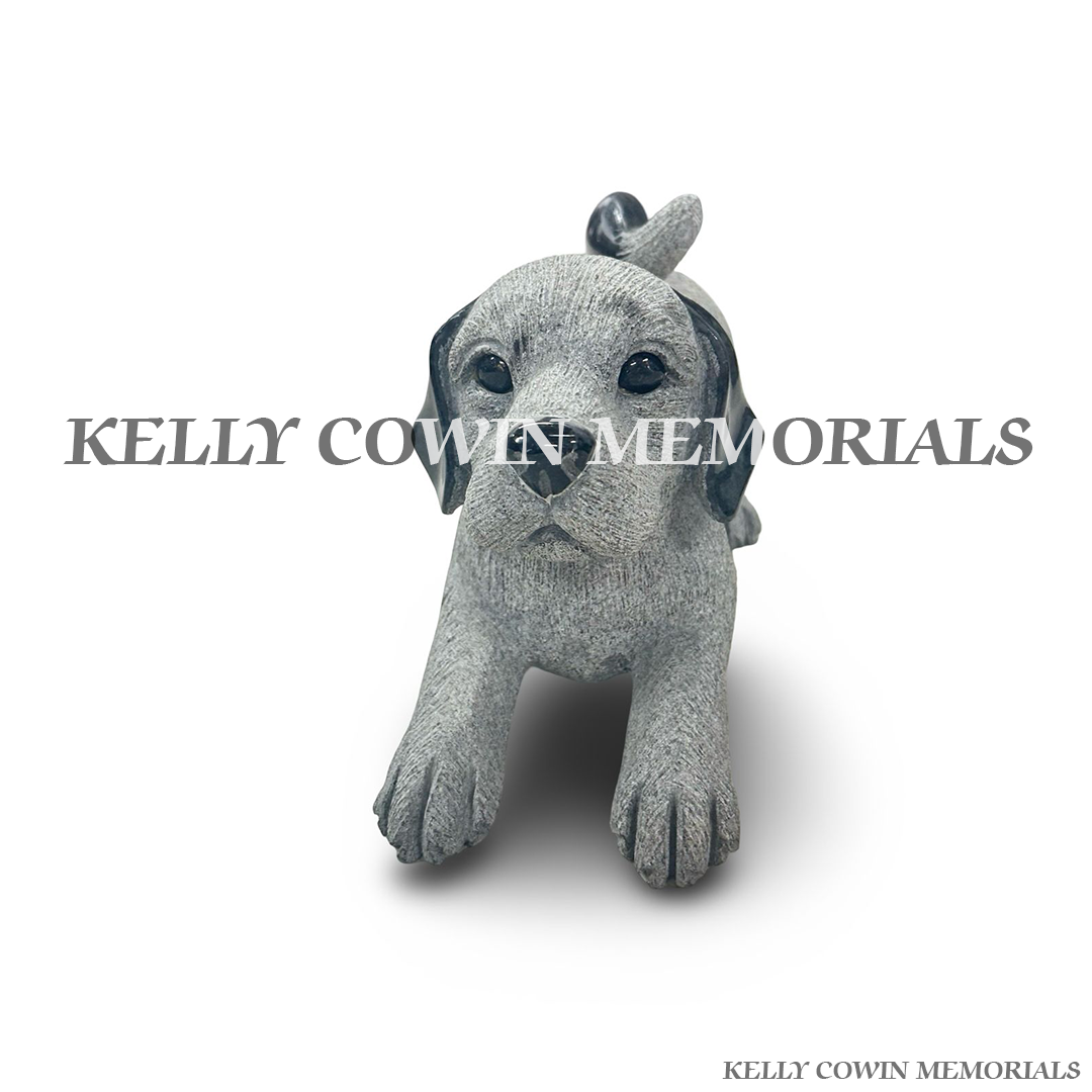 Front view of grey granite dog memorial accessory with black granite details
