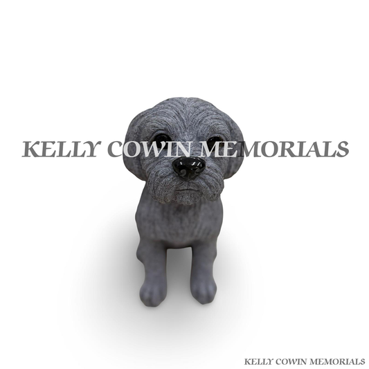 Front view of grey granite dog memorial accessory with black granite details