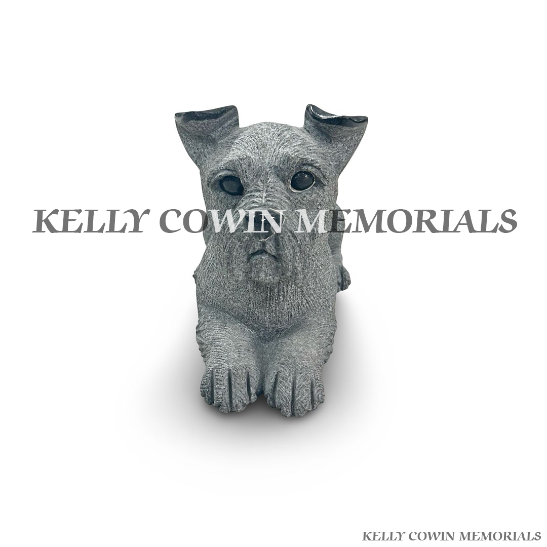Front view of grey granite dog memorial accessory with black granite details