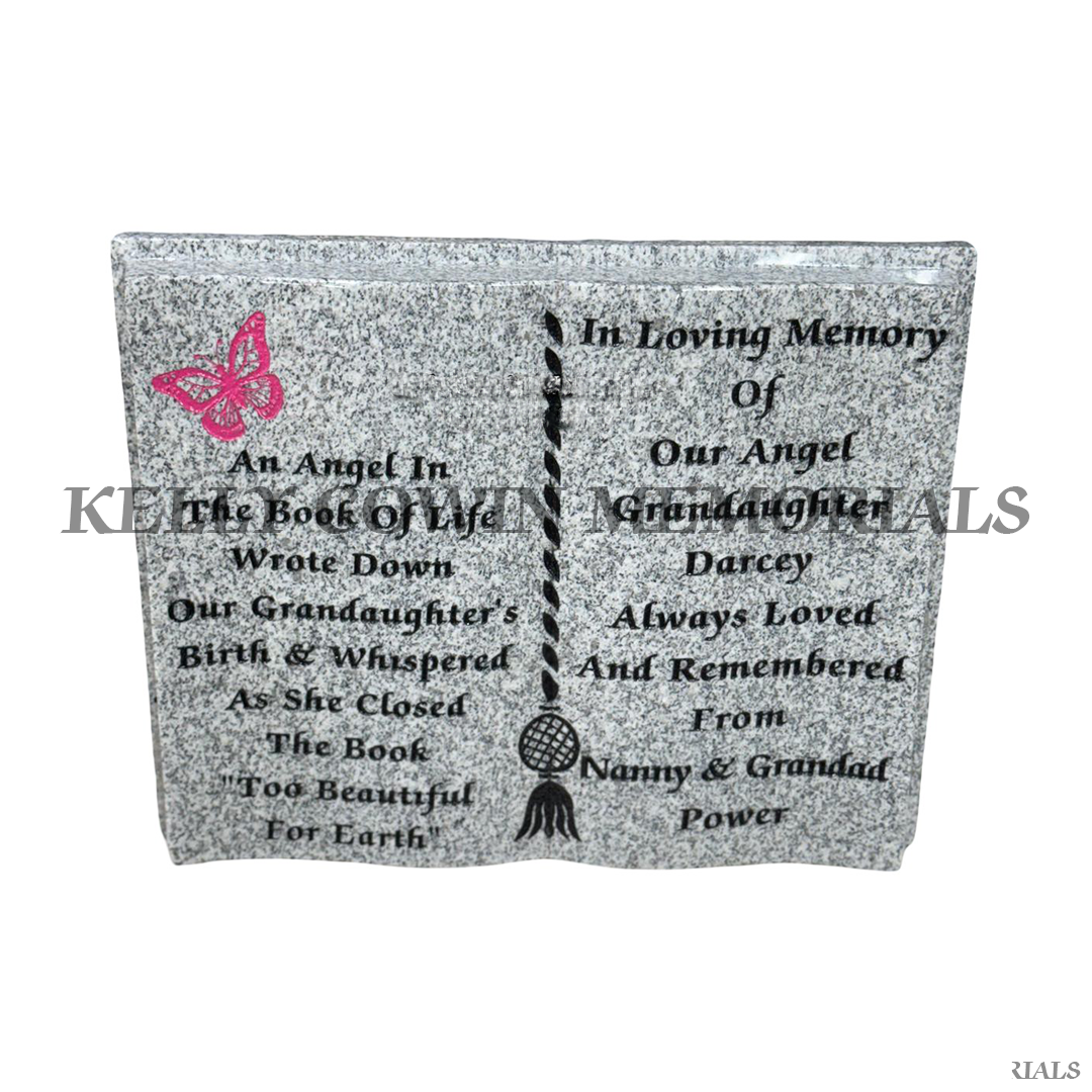 grey granite book memorial with black engraved lettering and image personalised plaque Ireland