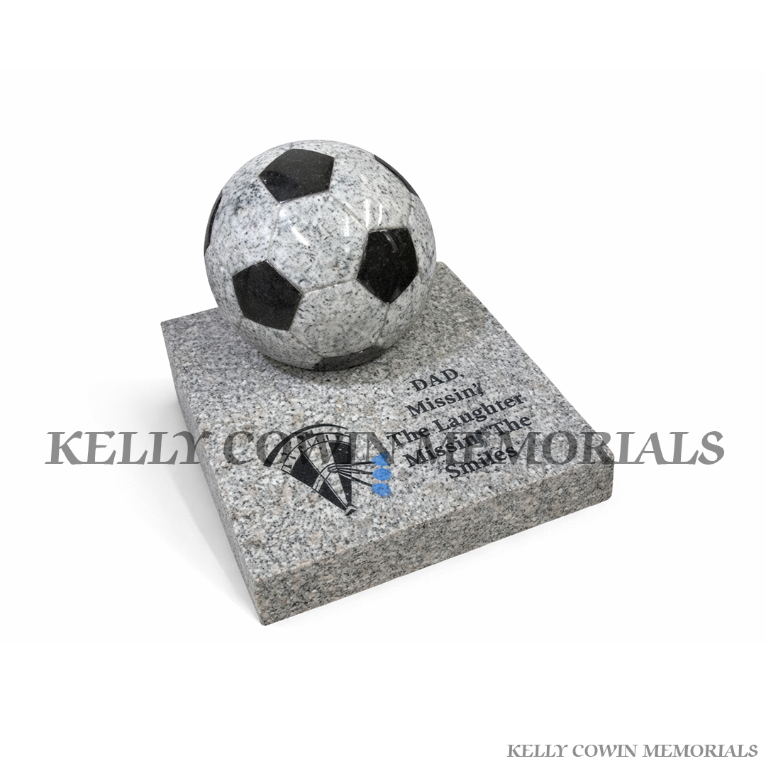 Grey Granite Football Grave Accessory on Sloped Base |  Local & Nationwide Service