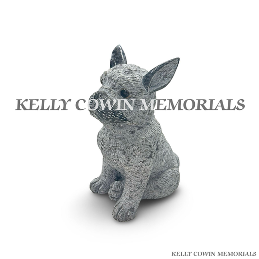 Front view of grey granite French Bulldog memorial accessory