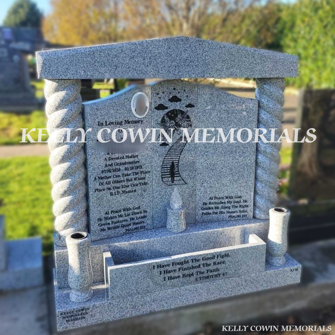 Front view of grey granite Gates of Heaven headstone with black inscription and ceramic photo in Flemington Cemetery Dublin