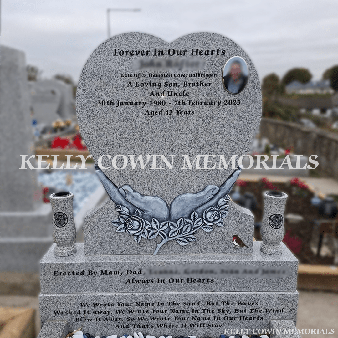 Grey Granite Heart & Hands Headstone with Blue Chippings – Balrothery Cemetery - Kelly Cowin Memorials