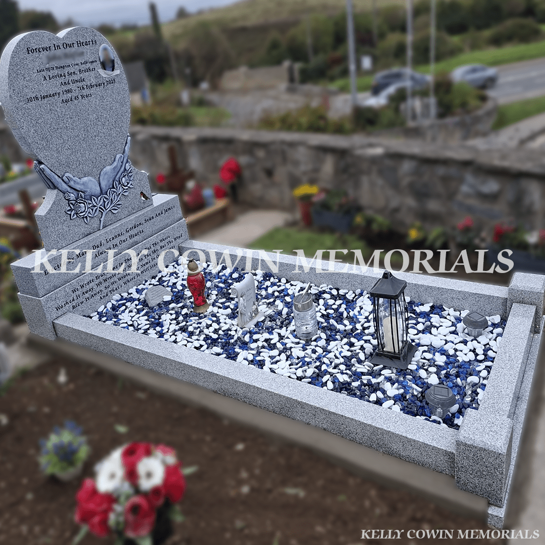 Grey Granite Heart & Hands Headstone with Blue Chippings – Balrothery Cemetery - Kelly Cowin Memorials