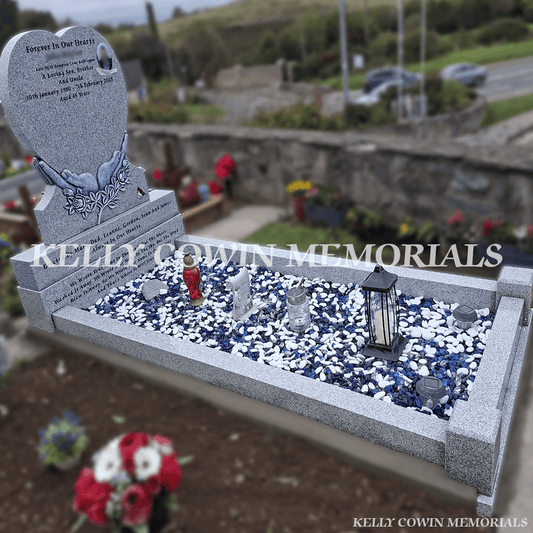 Grey Granite Heart & Hands Headstone with Blue Chippings – Balrothery Cemetery - Kelly Cowin Memorials