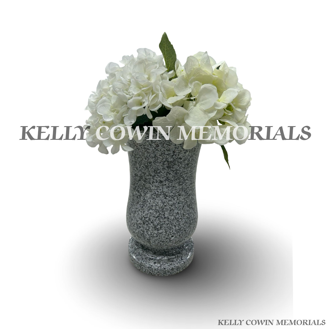 Front view of grey granite large tall memorial vase