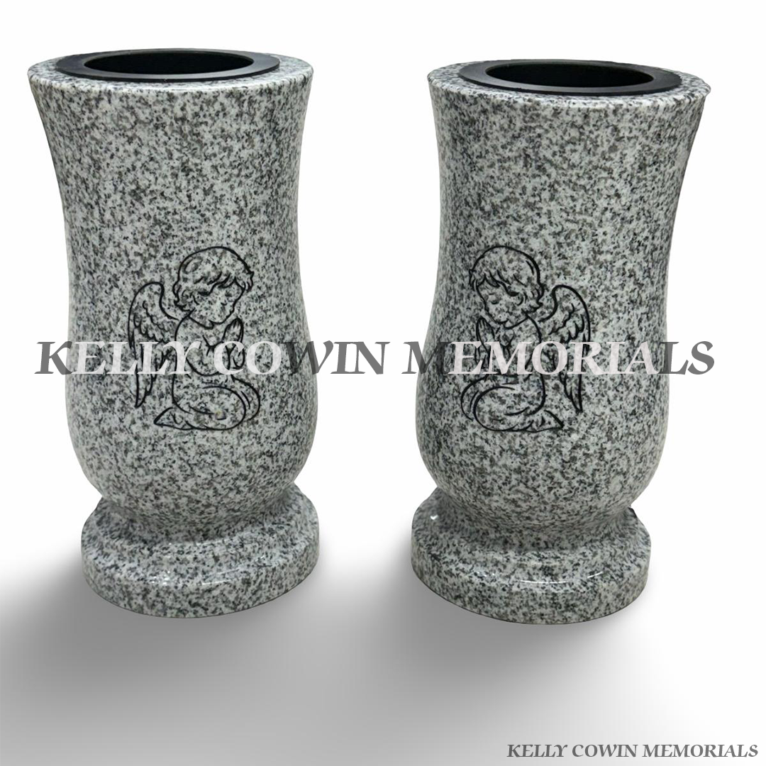 Grey granite memorial vases with black engraved angel design in Dublin by Kelly Cowin Memorials