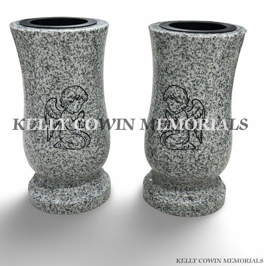 Grey granite memorial vases with black engraved angel design in Dublin by Kelly Cowin Memorials