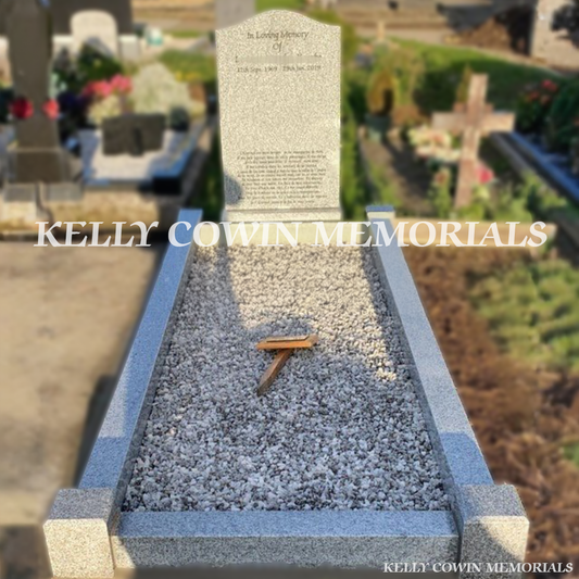 Front view of grey granite OG headstone with black inscription in Bohernabreena Cemetery Dublin