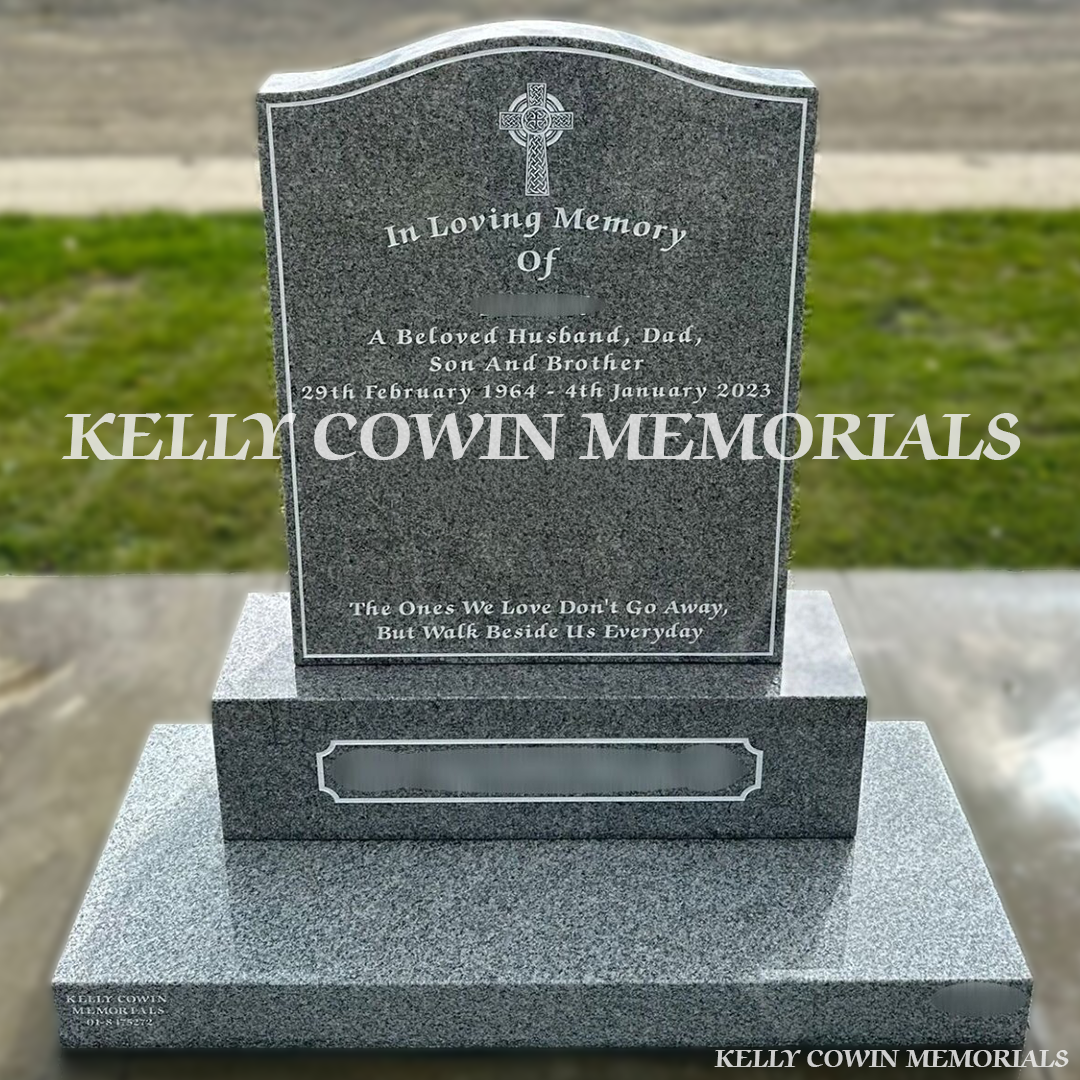 Front view of Grey Granite OG headstone with white inscription on base and plinth in Balgriffin Cemetery Dublin