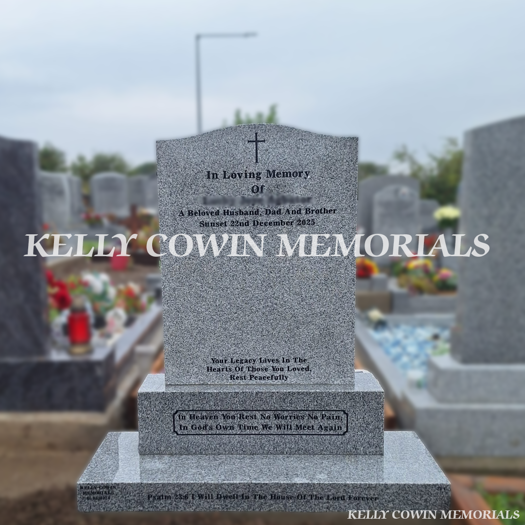 Grey granite OG headstone with black inscription, engraved cross, matching base and plinth erected in Balrothery Cemetery, Co. Dublin.