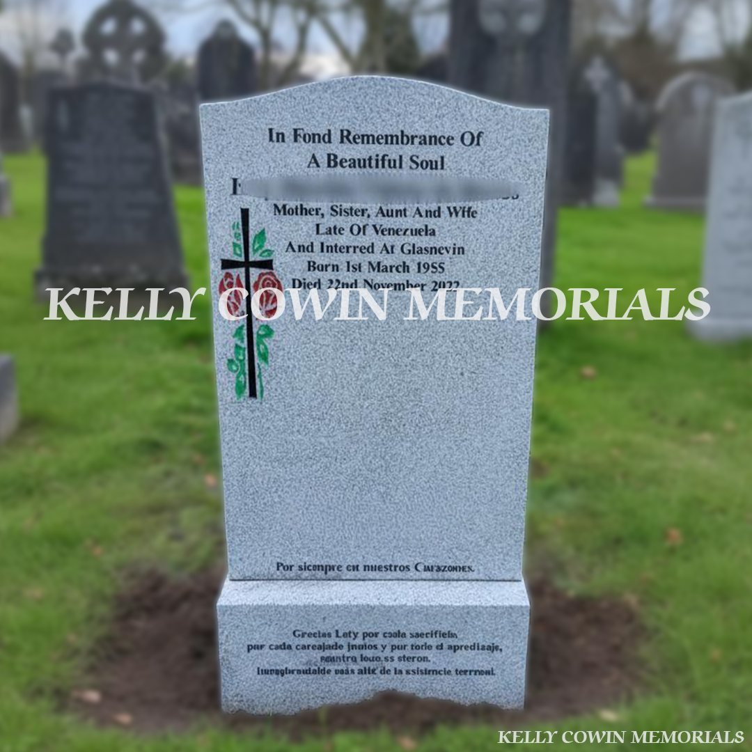 Front view of Grey Granite OG headstone erected in Glasnevin Cemetery Dublin by Kelly Cowin Memorials