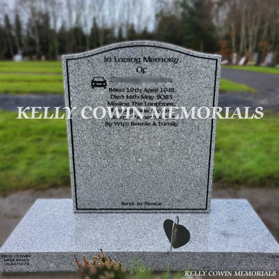 Front view of grey granite OG headstone with black inscription on plinth in Newlands Cross Cemetery