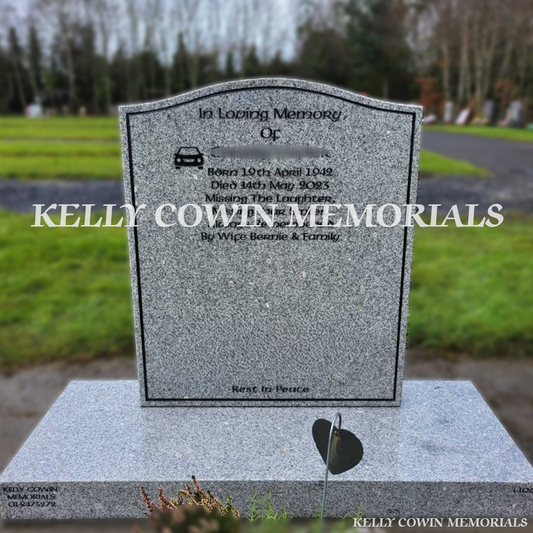 Front view of grey granite OG headstone with black inscription on plinth in Newlands Cross Cemetery