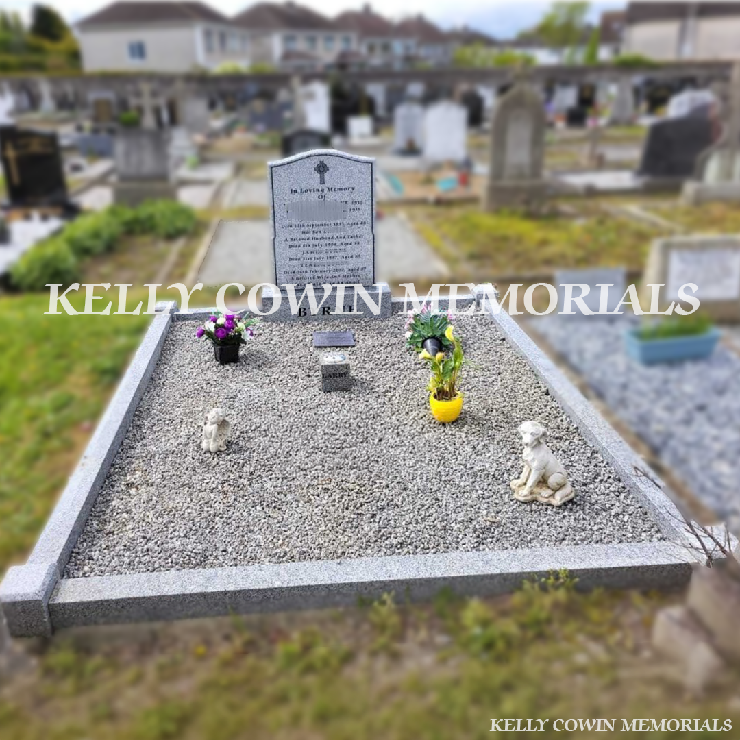 Front view of grey granite OG headstone with black inscription in Yellow Walls Cemetery