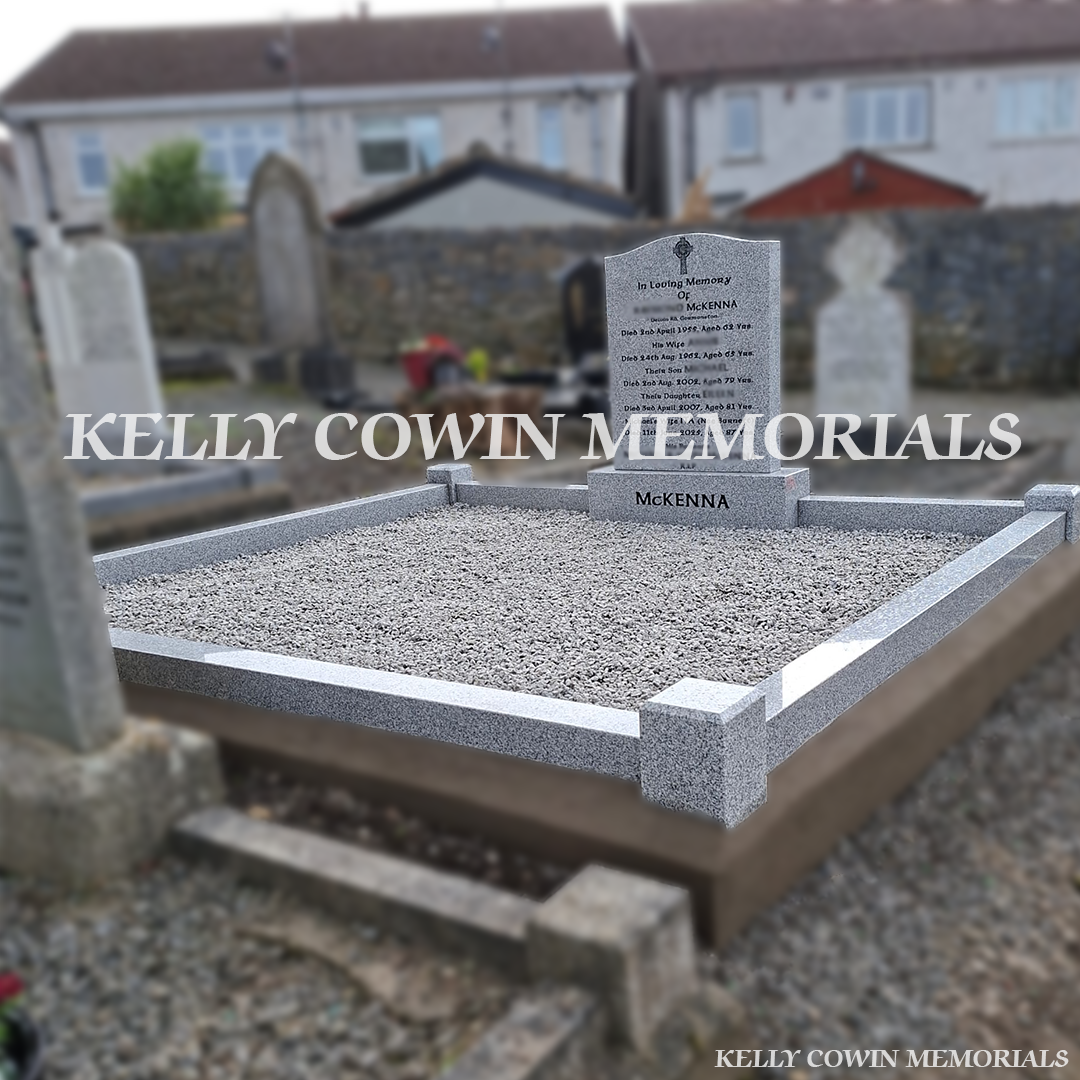 Front view of grey granite memorial with kerbing and corner posts