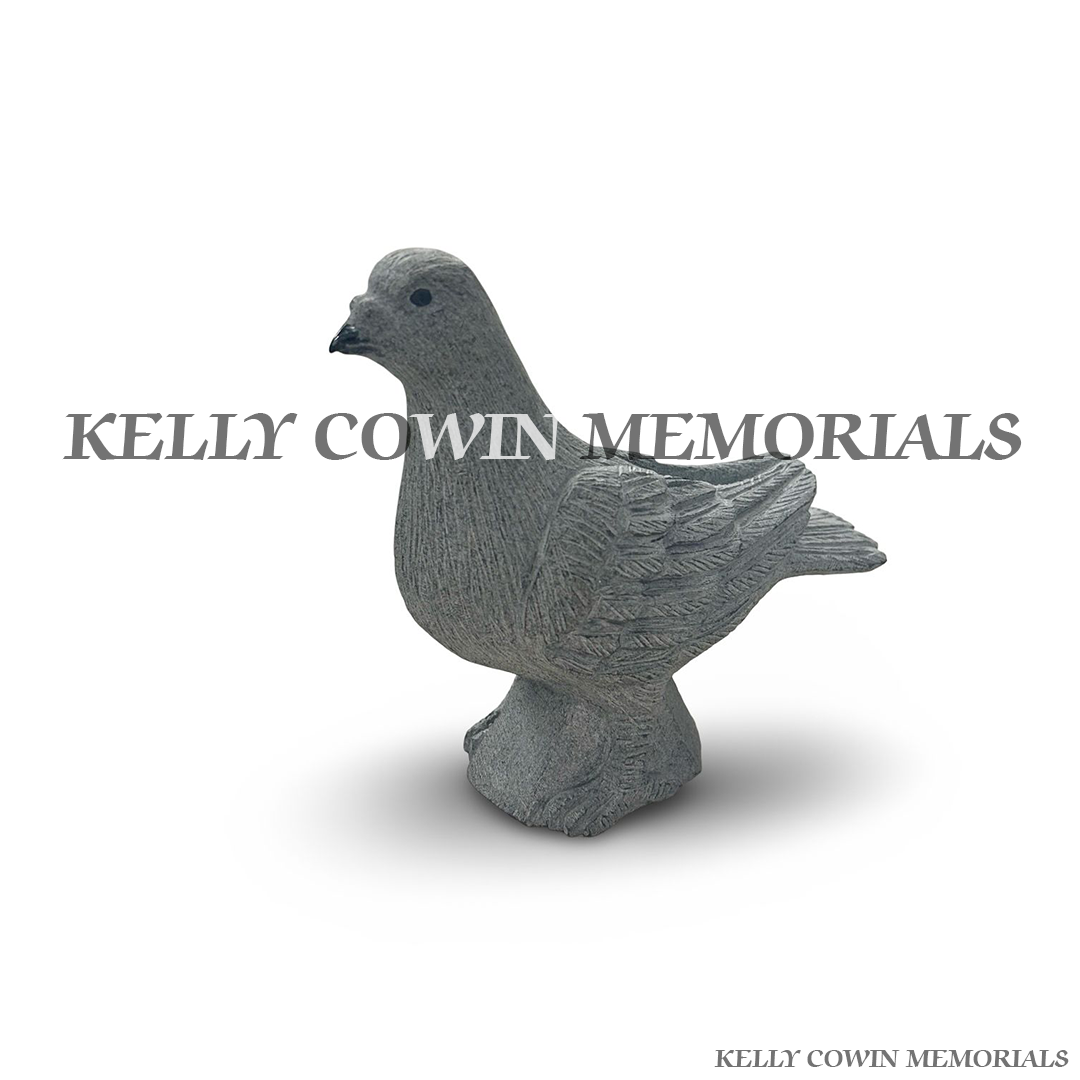 Side view of natural finish grey granite pigeon ornament