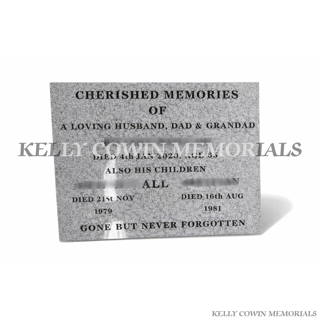 Grey granite memorial plaque with polished finish and personalised engraving in Ireland