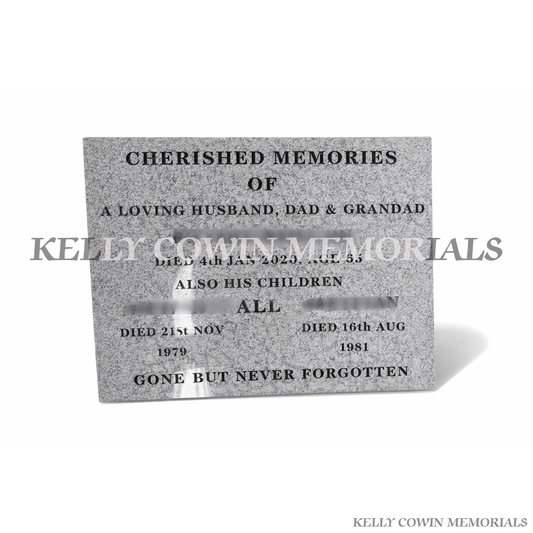 Grey granite memorial plaque with polished finish and personalised engraving in Ireland