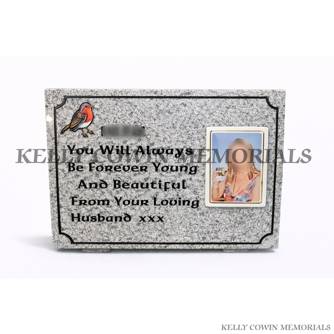 Grey granite 12 inch rectangular memorial plaque with personalised engraving by Kelly Cowin Memorials Ireland