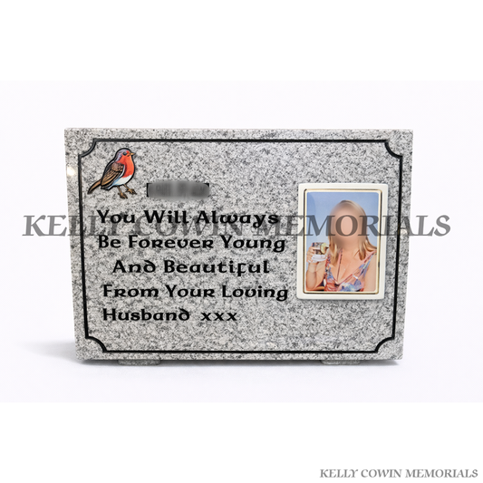 Grey granite 12 inch rectangular memorial plaque with personalised engraving by Kelly Cowin Memorials Ireland
