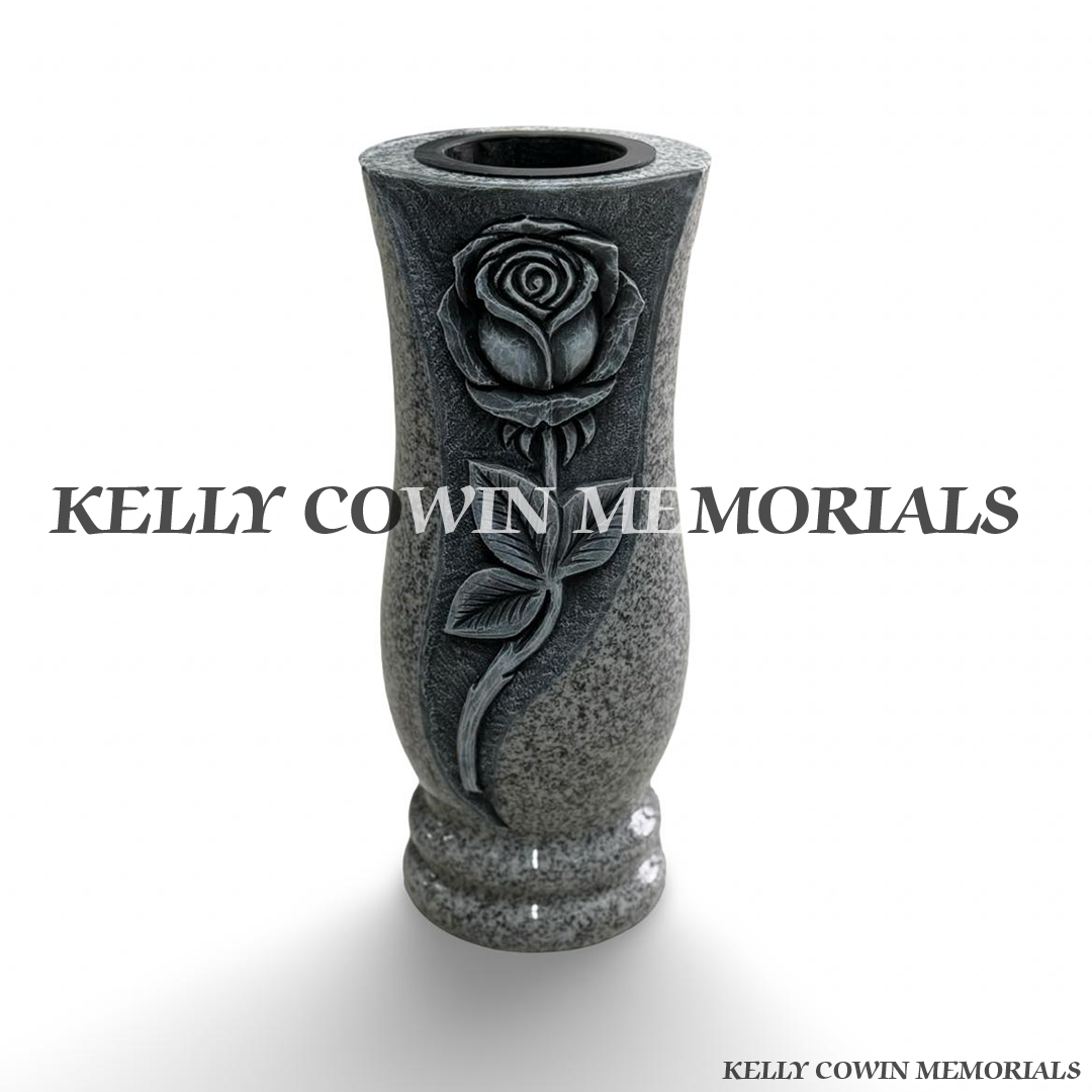 Grey granite grave vase with detailed carved rose design by Kelly Cowin Memorials