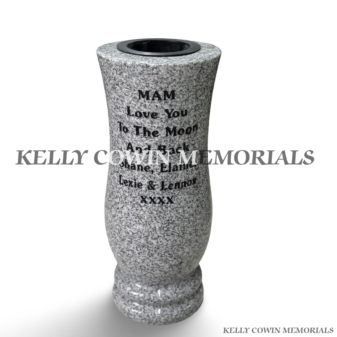 back view of grey granite rose carved memorial flower vase with polished finish
