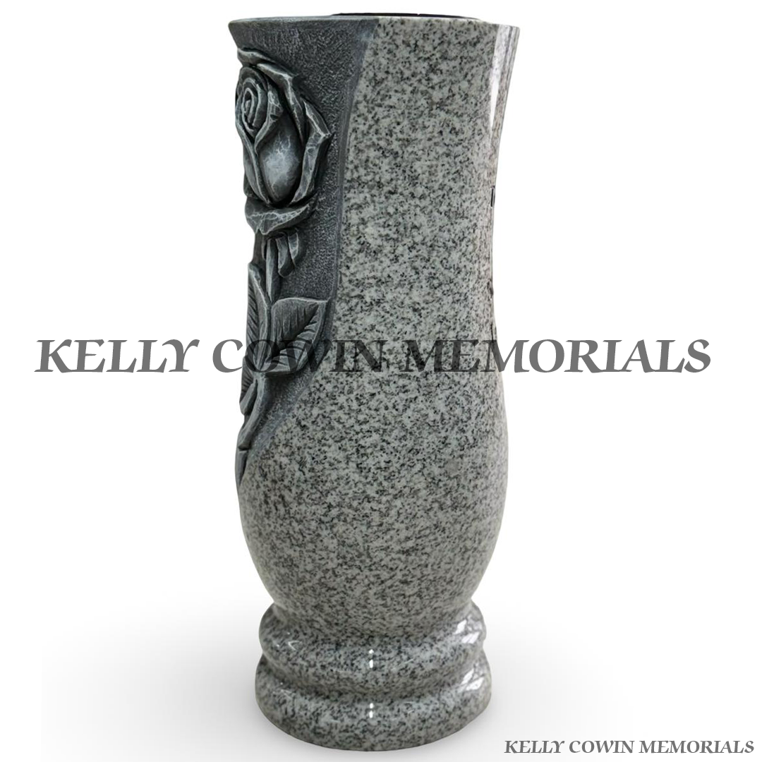 Side view of grey granite rose carved memorial flower vase with polished finish