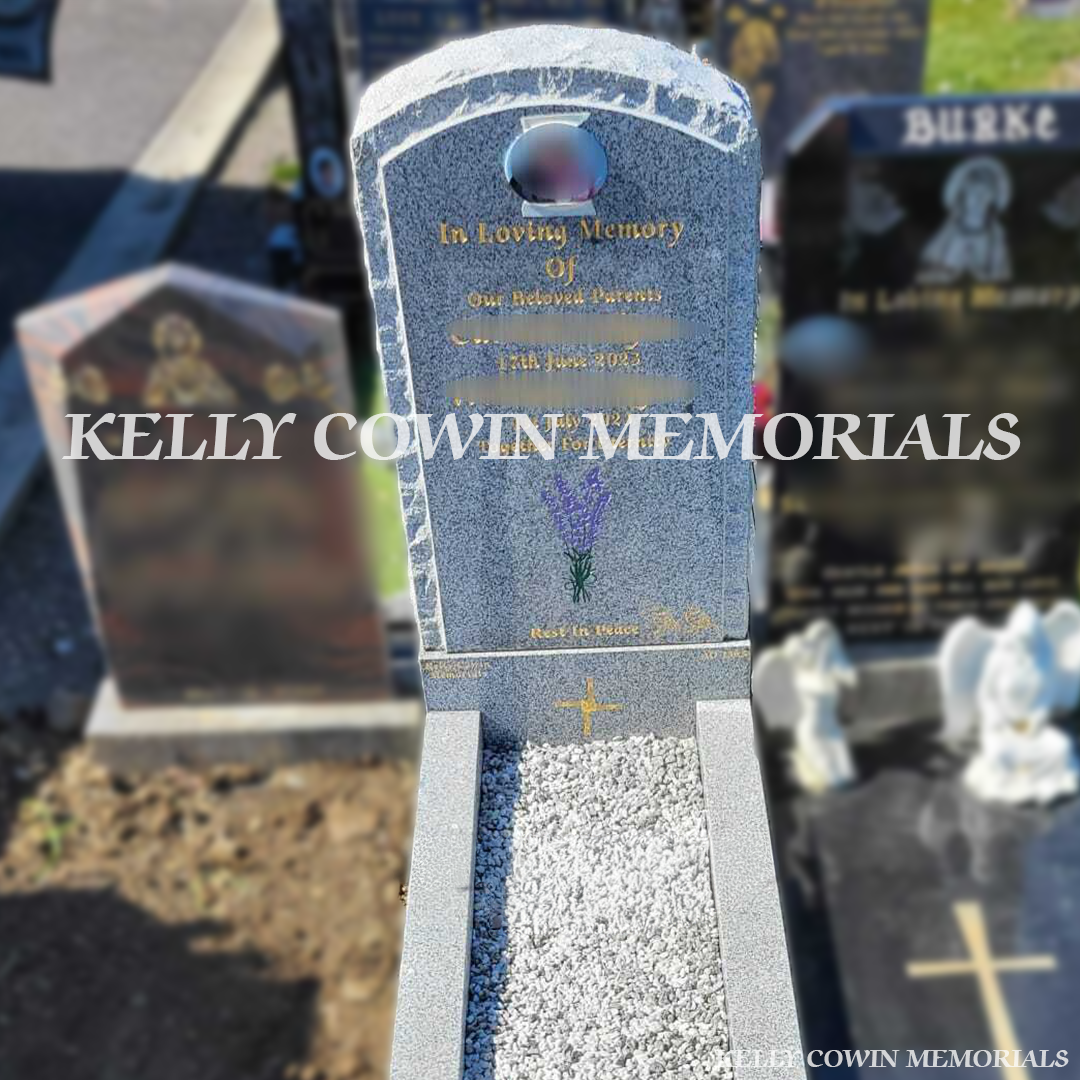 Front view of Grey Granite rough edge boulder with kerbing and chippings erected in Glasnevin Cemetery by Kelly Cowin Memorials