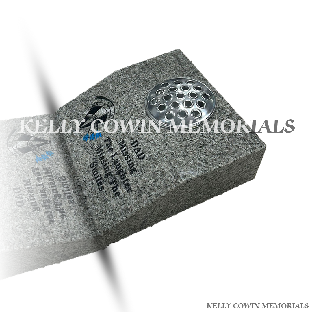 Front view of Grey Granite sloped memorial vase with black inscription