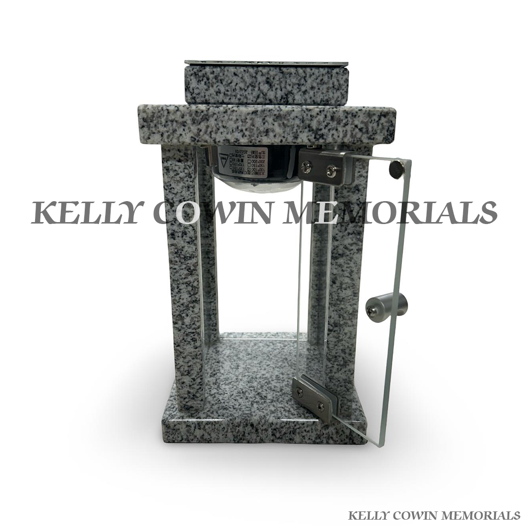 Front view of grey granite square solar lantern