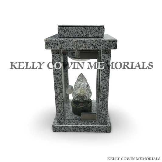 Front view of grey granite square solar lantern
