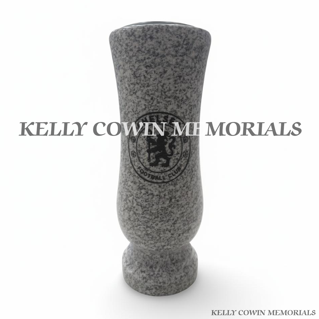 Front view of grey granite vase with black inscription and Chelsea crest
