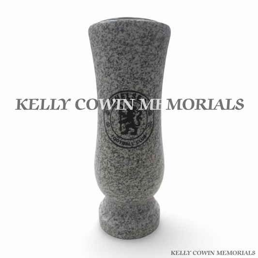 Front view of grey granite vase with black inscription and Chelsea crest