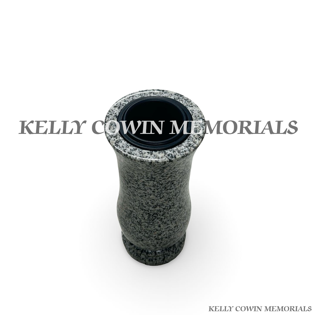 Front view of grey granite memorial vase