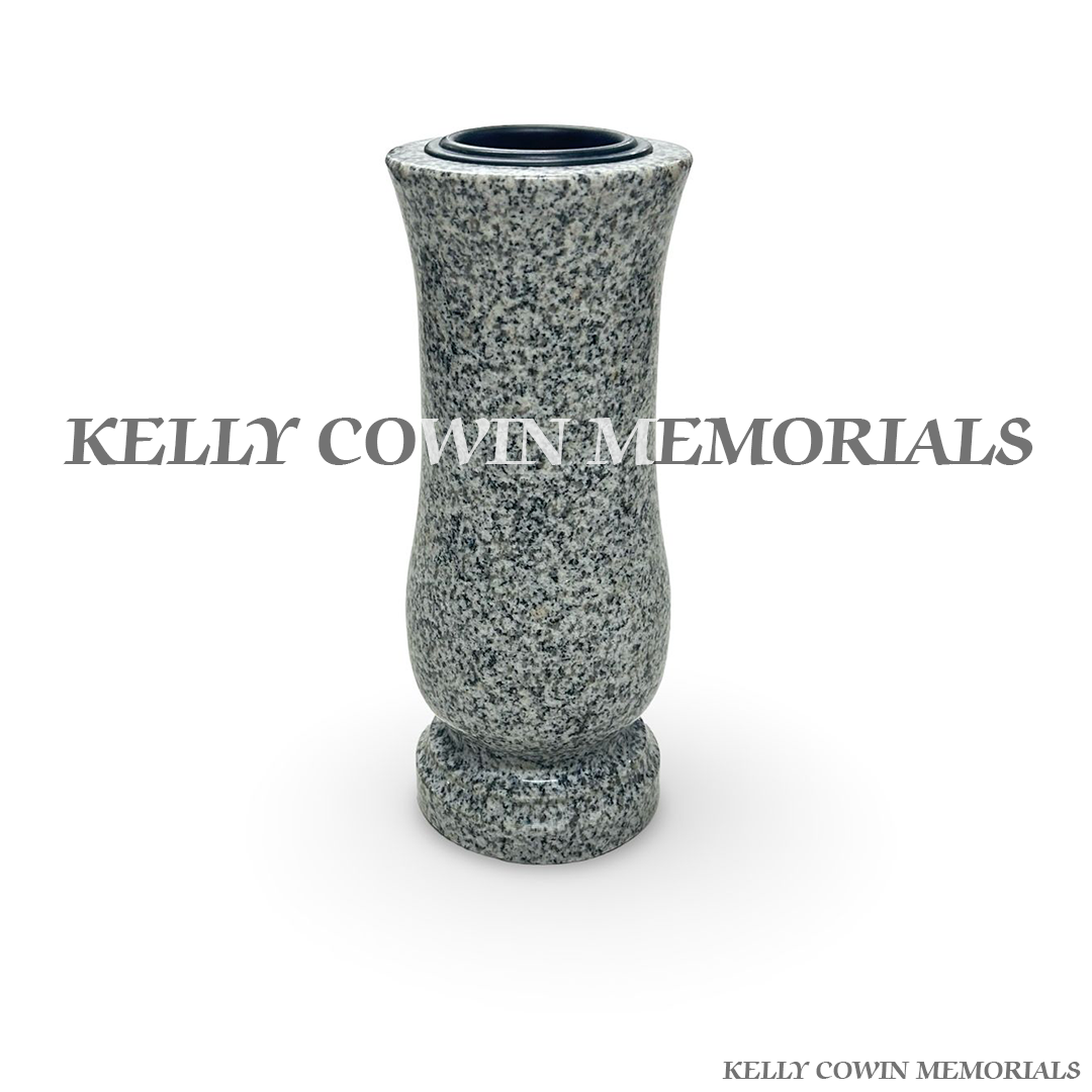 Front view of grey granite memorial vase