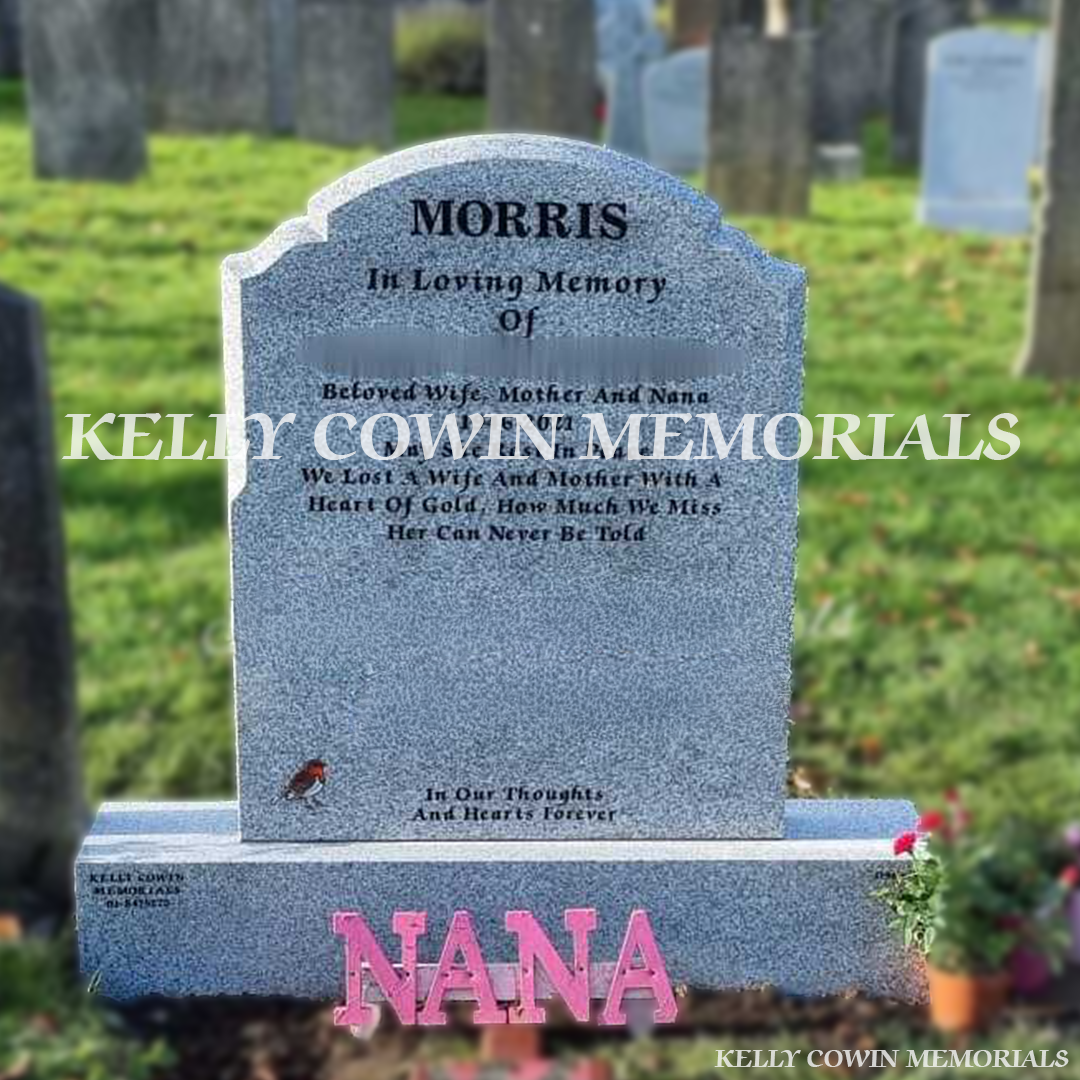 Front view of Grey Granite Top Nine headstone on matching base erected in Glasnevin Cemetery by Kelly Cowin Memorials