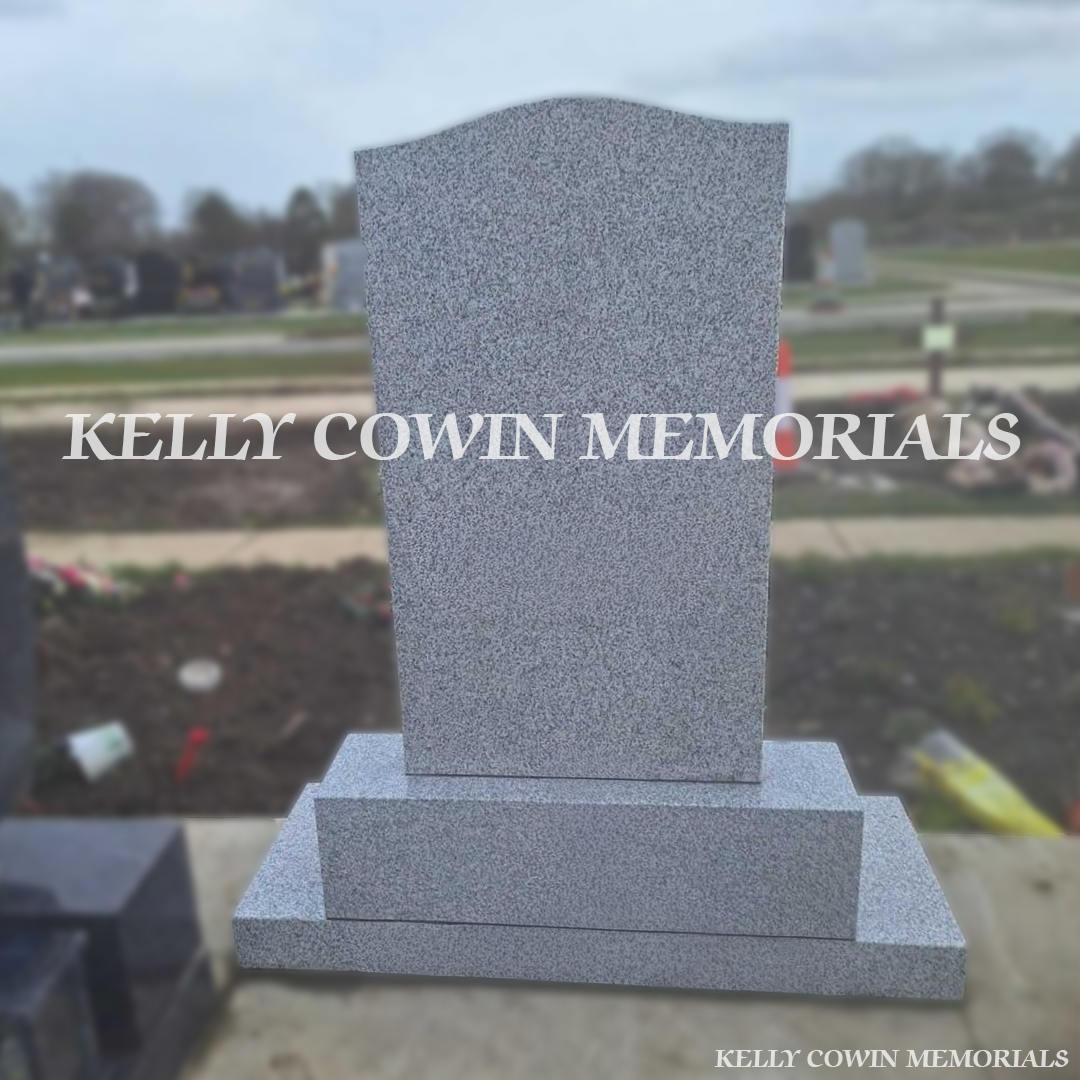 Back view of grey granite OG headstone highlighting Dublin headstone craftsmanship by Kelly Cowin Memorials