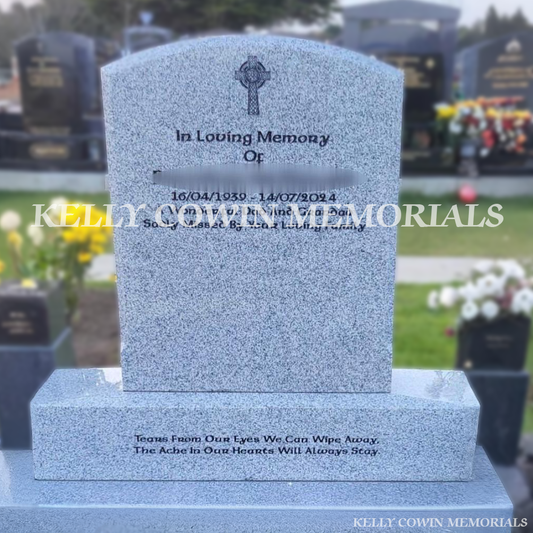 Grey granite polished boulder headstone erected in Balgriffin Cemetery Dublin by Kelly Cowin Memorials