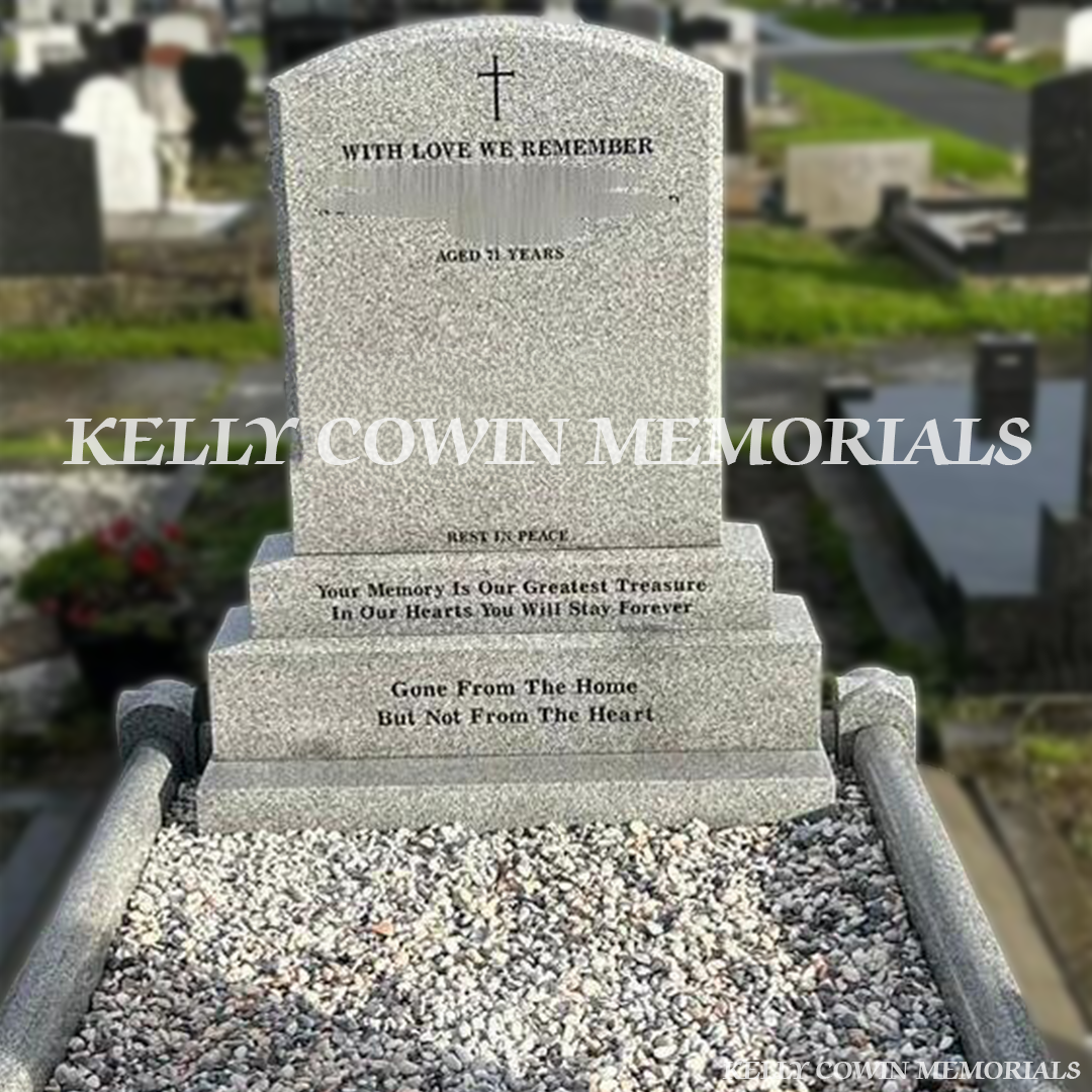 Front close up view of Grey Granite polished boulder headstone on sub-base, base and plinth in Balgriffin Cemetery Dublin