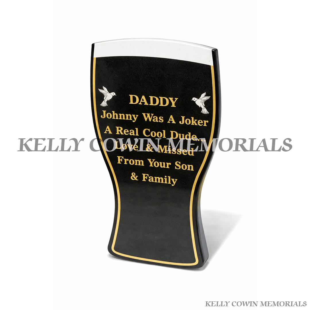 Black granite pint style memorial plaque engraved in gold lettering by Kelly Cowin Memorials Ireland