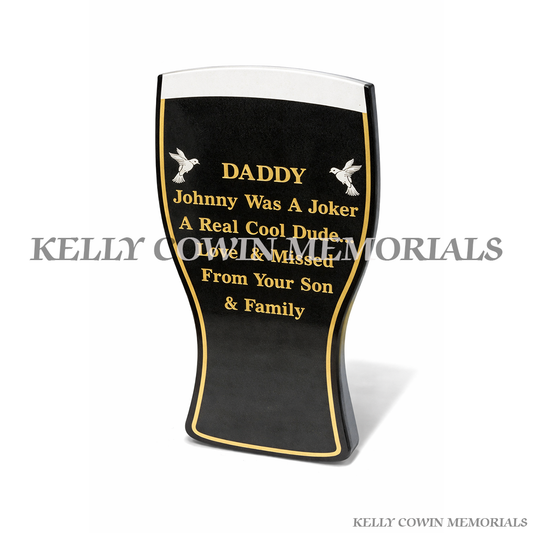 Black granite pint style memorial plaque engraved in gold lettering by Kelly Cowin Memorials Ireland