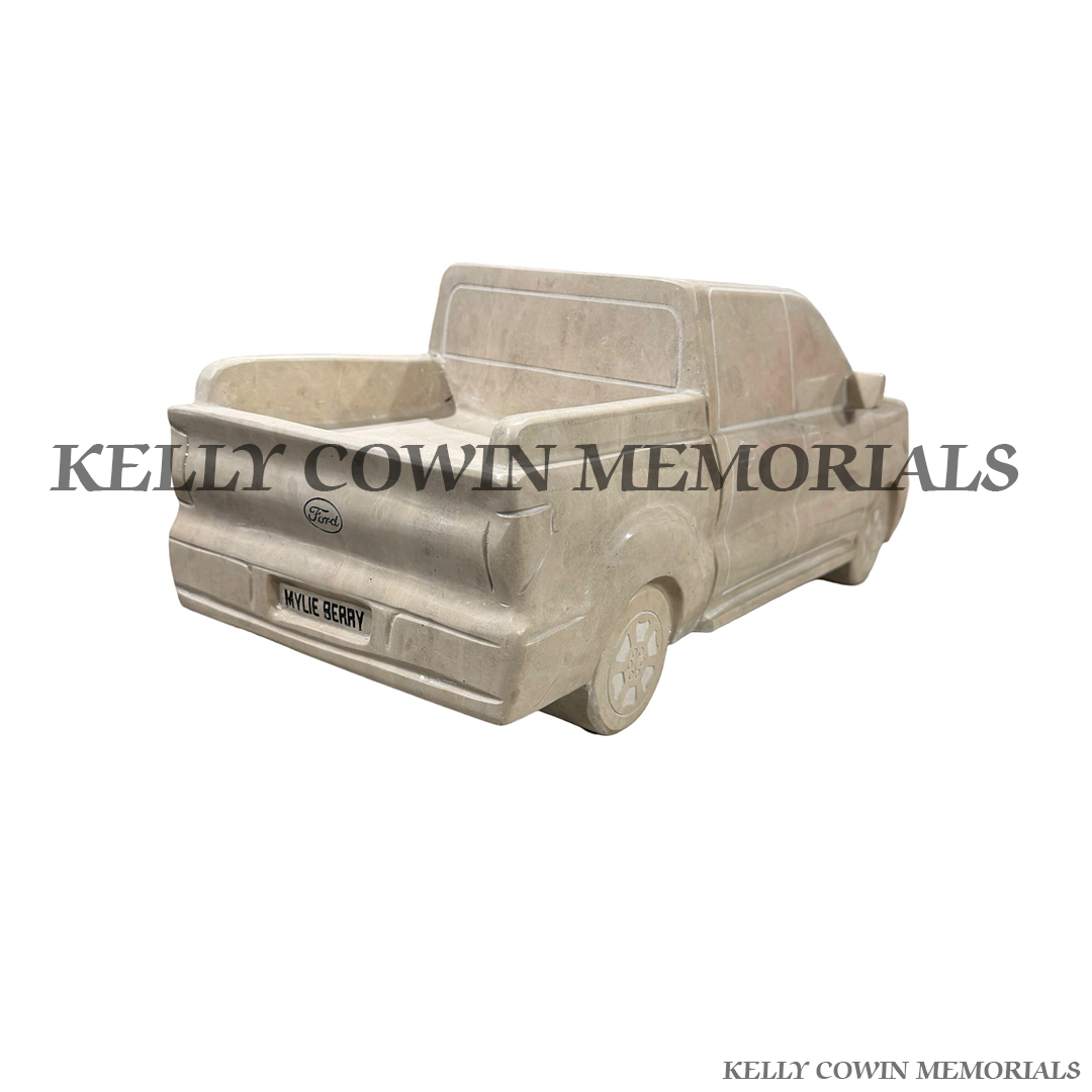 Back View Haley Beige granite Jeep memorial headstone with carved vehicle design and engraved granite base for a custom grave memorial