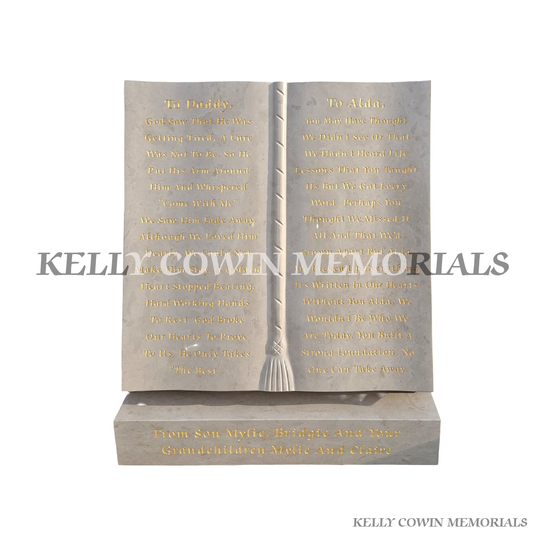 Haley Beige granite book memorial on plinth with engraved poem and gold lettering for graves and headstones in Dublin and nationwide Ireland