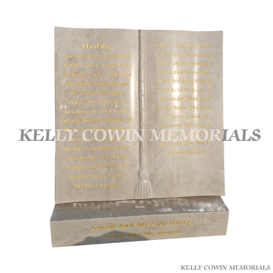 Haley Beige granite book memorial on plinth with engraved poem and gold lettering for graves and headstones in Dublin and nationwide Ireland