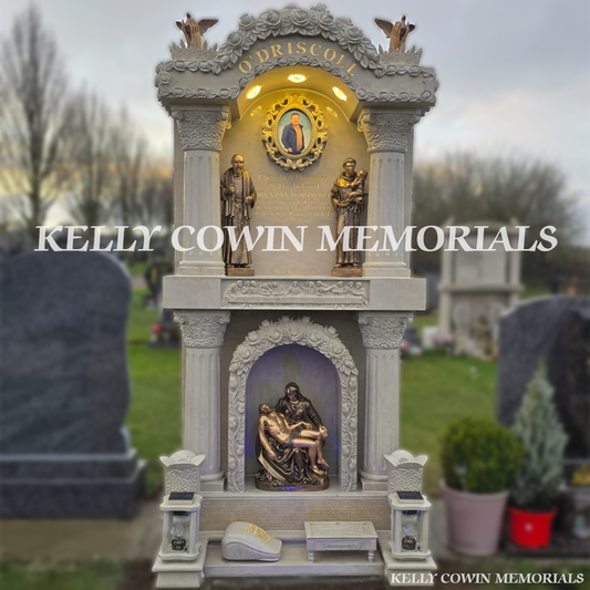 Haley Beige custom Traveller headstone with rose carved detailing , LED lights in Kilcully Cemetery Cork