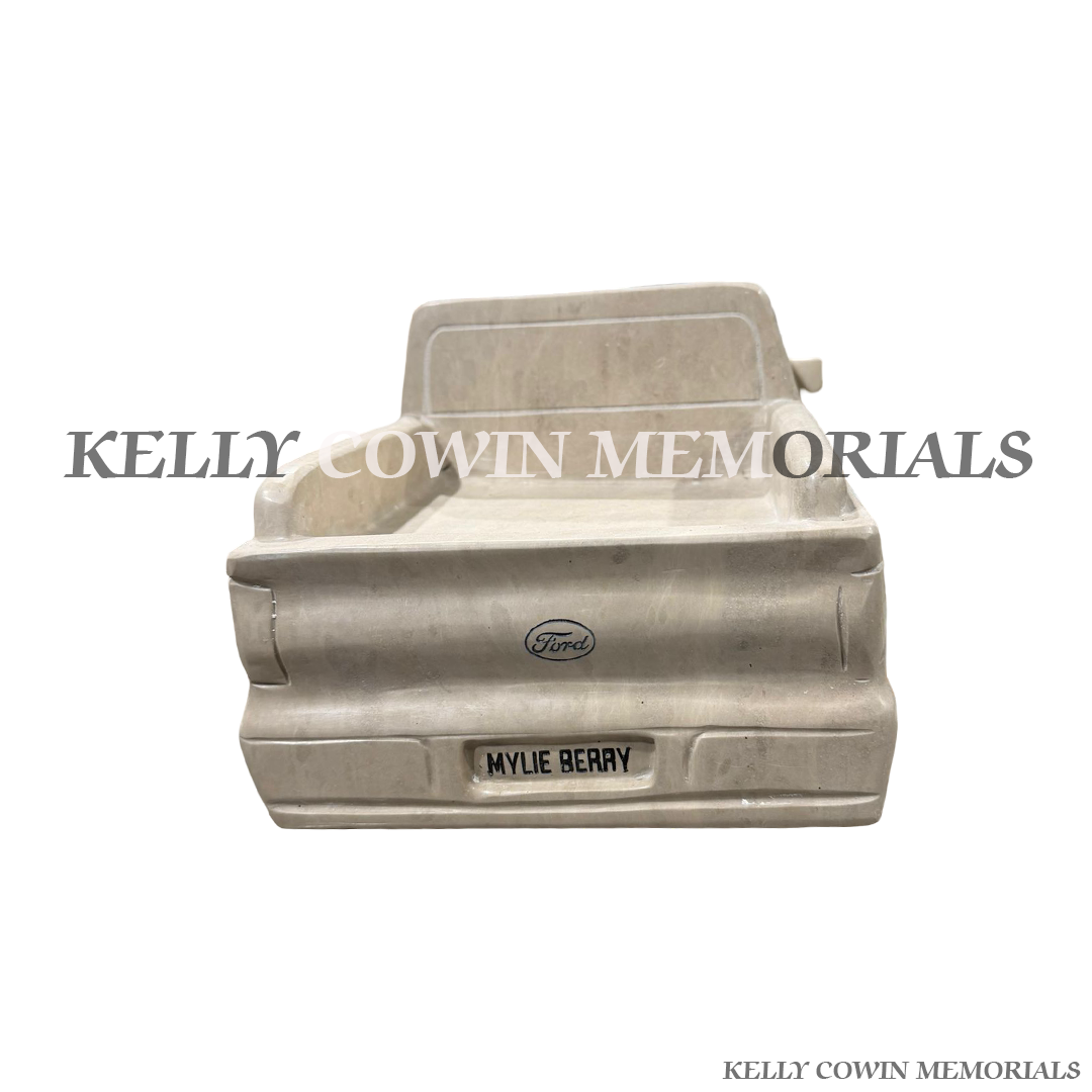 Haley Beige granite Jeep memorial headstone with carved vehicle design and engraved granite base for a custom grave memorial