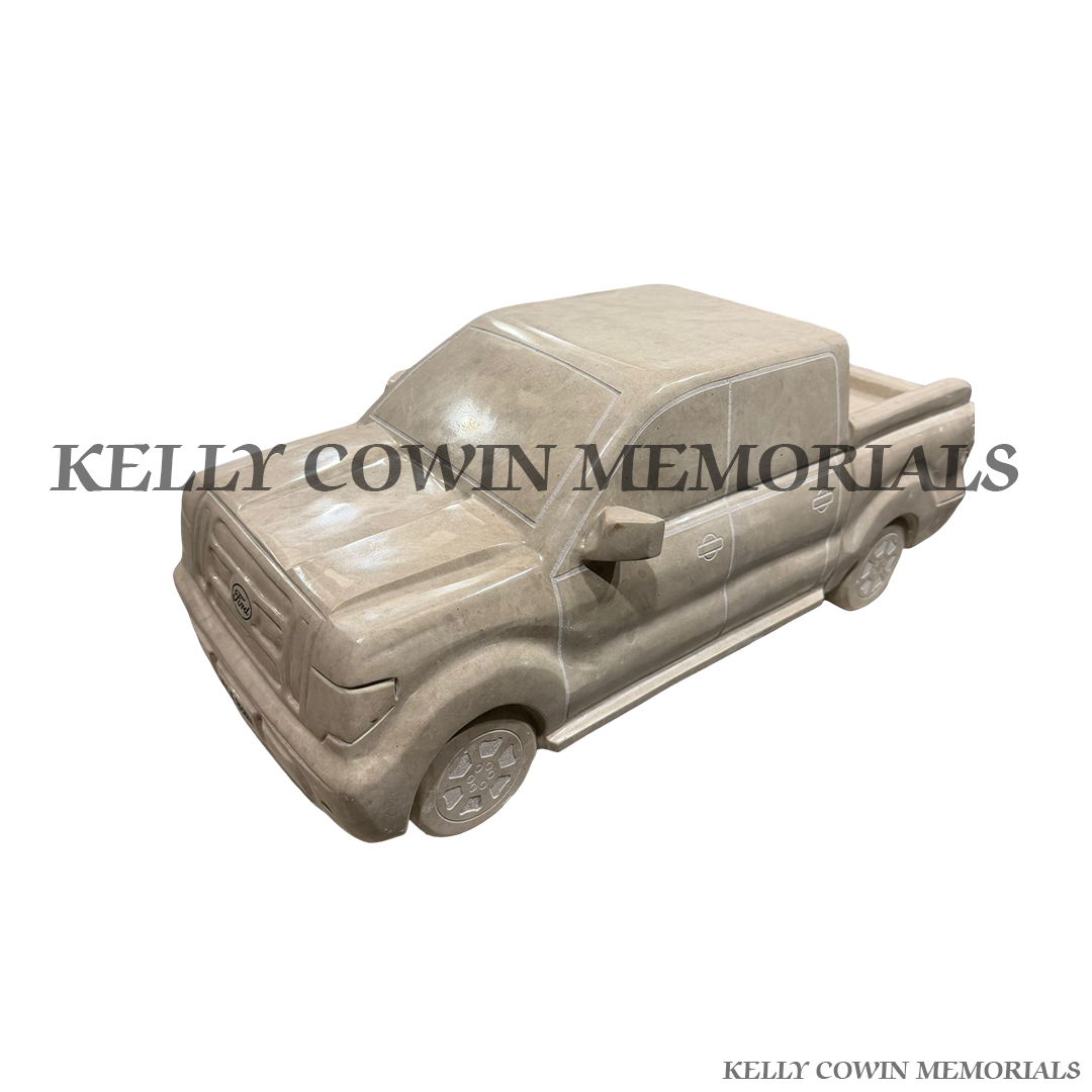Side/Front View Haley Beige granite Jeep memorial headstone with carved vehicle design and engraved granite base for a custom grave memorial