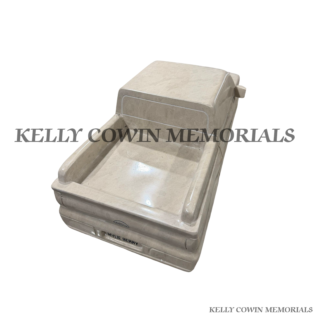 Inside View Haley Beige granite Jeep memorial headstone with carved vehicle design and engraved granite base for a custom grave memorial